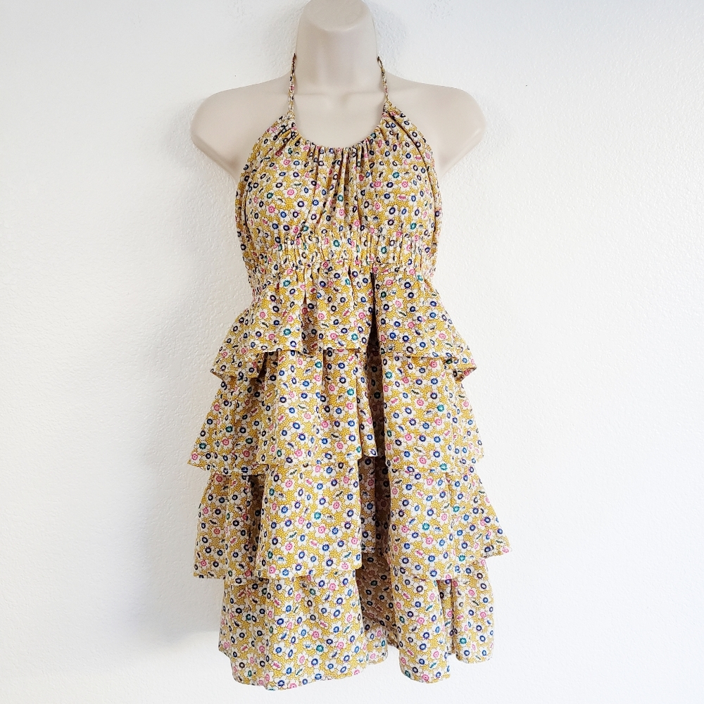 Doe & Rae Mini Floral Ruffled Halter Open Back Summer Dress Small - Picture 1 of 5